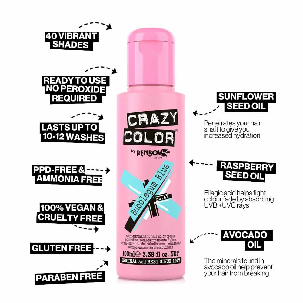 Crazy Color Semi Permanent Vegan Hair Colour Cream - Bubble Gum Blue - 100ml