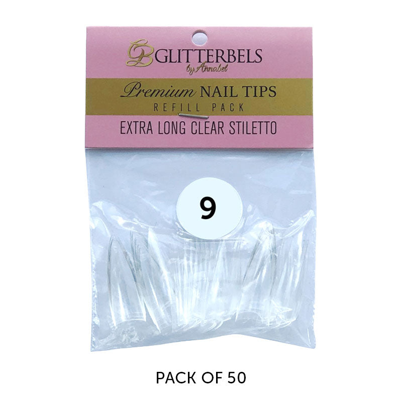 Glitterbels Extra Long Clear Stiletto Nail Tips Size 9 (x50)