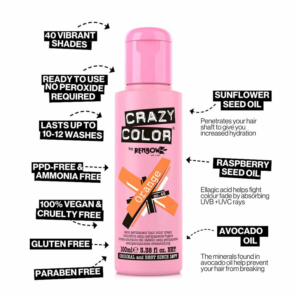 Crazy Color Semi Permanent Vegan Hair Colour Cream - Orange - 100ml