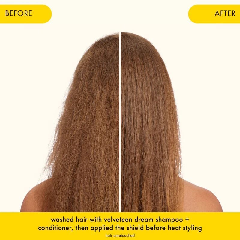 Before and after comparison of a woman's hair after using Amika The Shield Anti-Humidity Spray on straight hair.