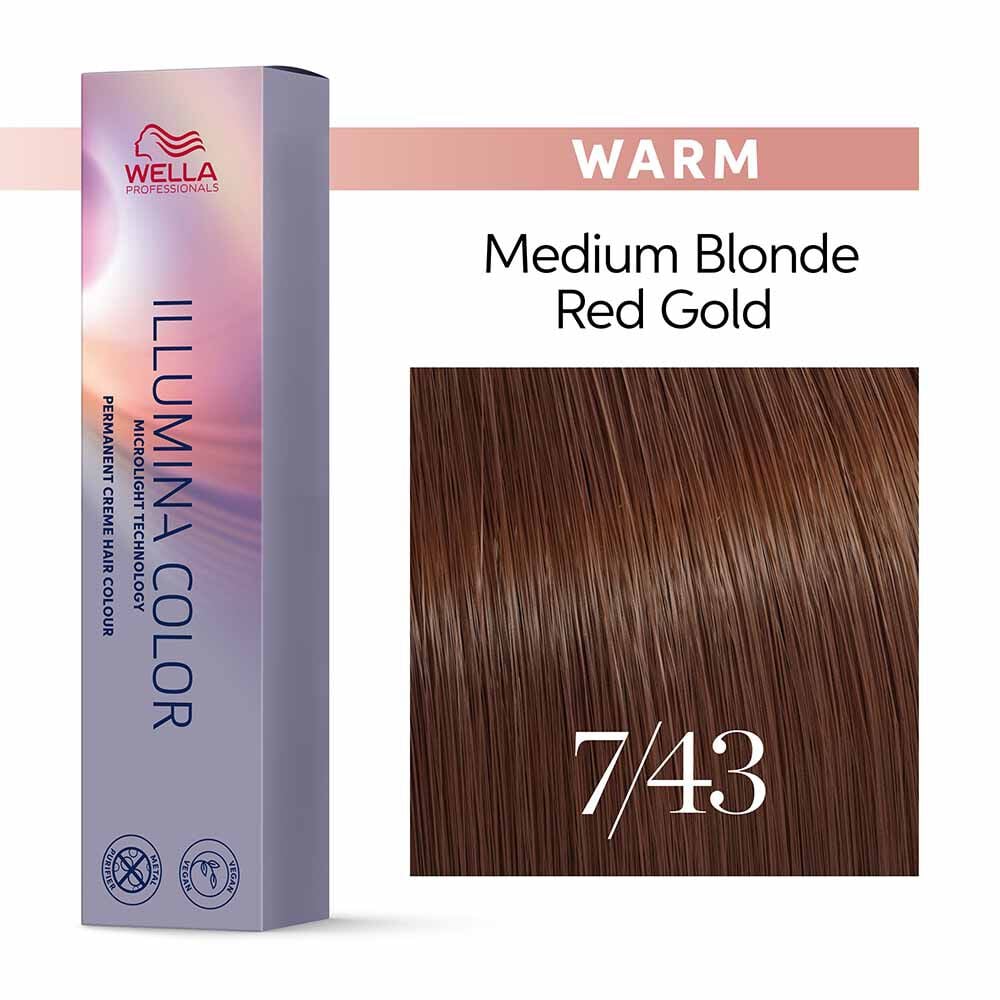 Wella Professionals Illumina Colour Tube Permanent Hair Colour - 7/43 Medium Red Gold Blonde - 60ml
