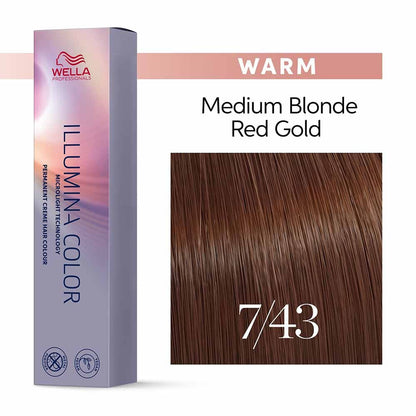 Wella Professionals Illumina Colour Tube Permanent Hair Colour - 7/43 Medium Red Gold Blonde - 60ml