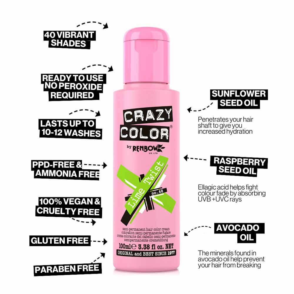 Crazy Color Semi Permanent Vegan Hair Colour Cream - Lime Twist - 100ml
