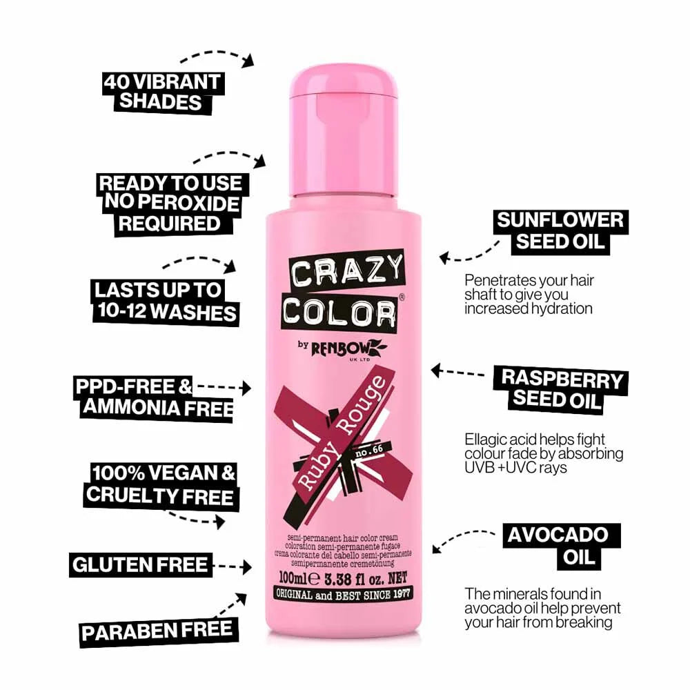 Crazy Color Semi Permanent Vegan Hair Colour Cream - Ruby Rouge - 100ml