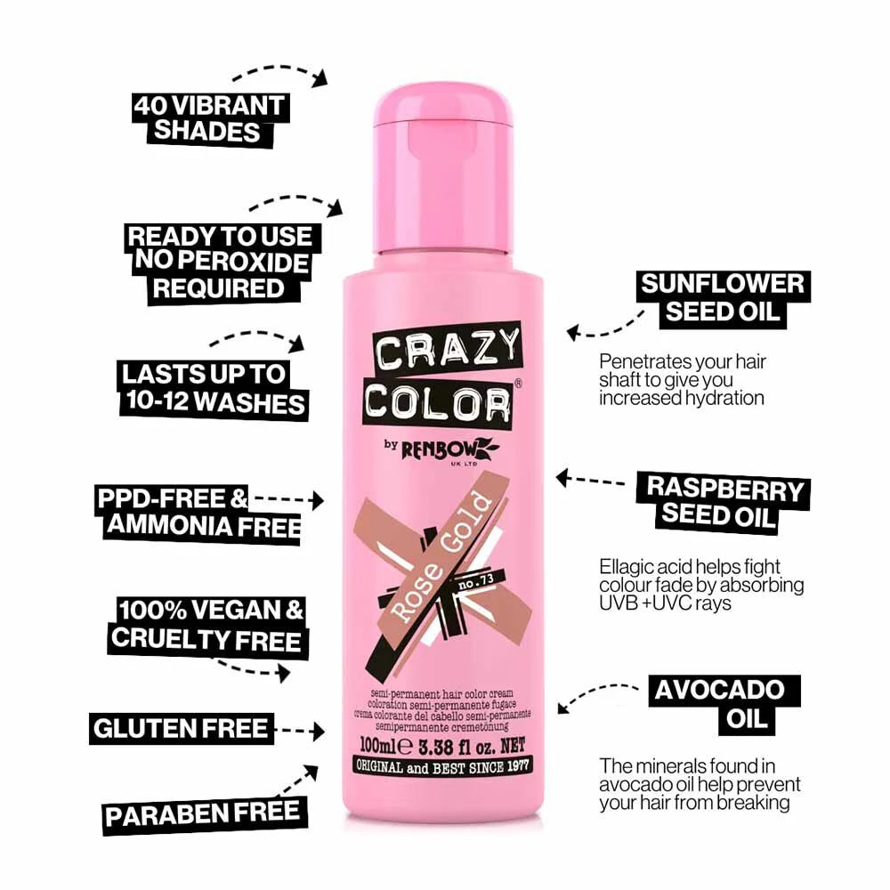 Crazy Color Semi Permanent Vegan Hair Colour Cream - Rose Gold - 100ml