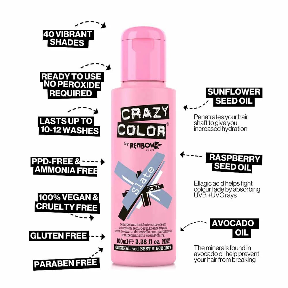 Crazy Color Semi Permanent Vegan Hair Colour Cream - Slate - 100ml