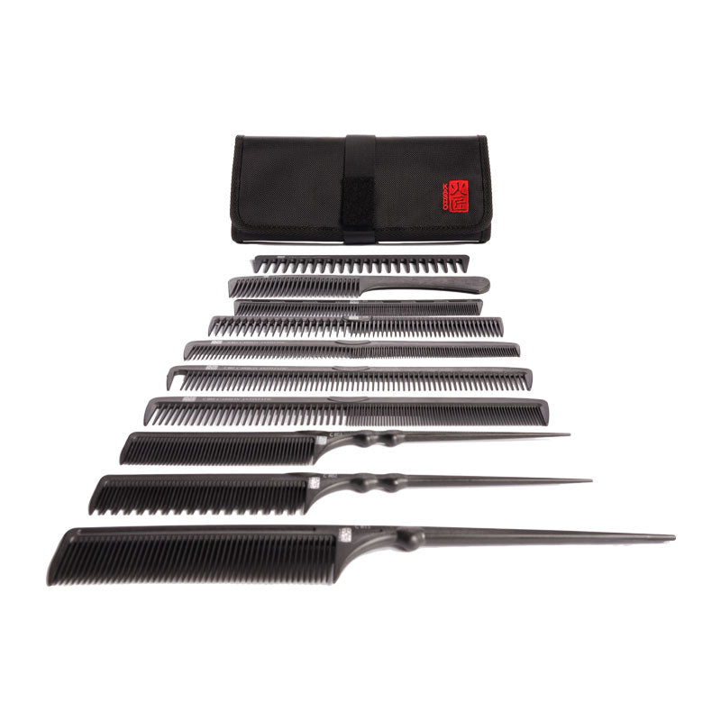 KASHO Carbon Comb Set of 10 in Black Textile Roll K-22