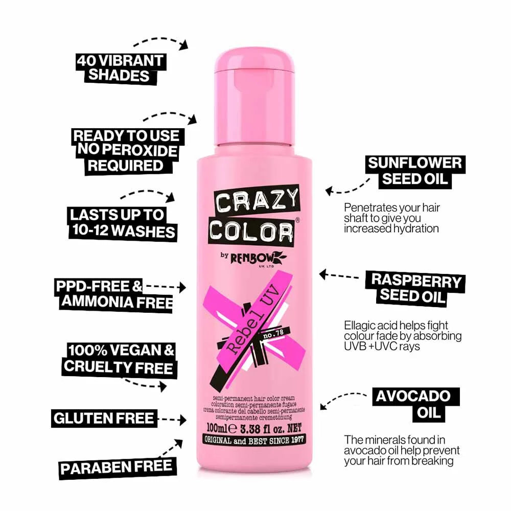 Crazy Color Semi Permanent Vegan Hair Colour Cream - Rebel UV - 100ml