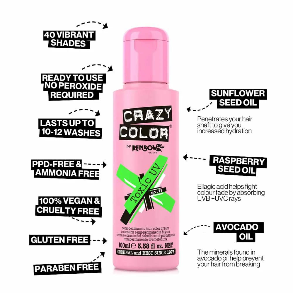 Crazy Color Semi Permanent Vegan Hair Colour Cream - Toxic UV - 100ml