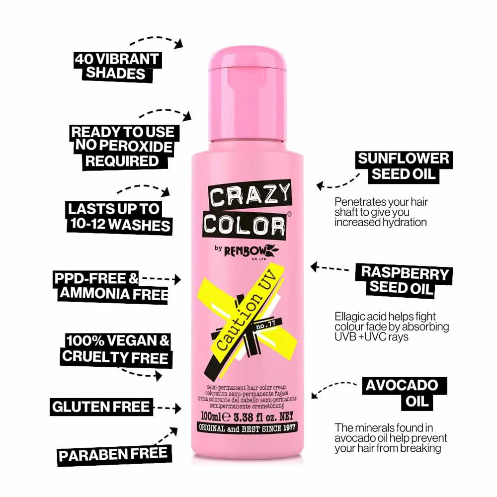 Crazy Color Semi Permanent Vegan Hair Colour Cream - Caution UV - 100ml