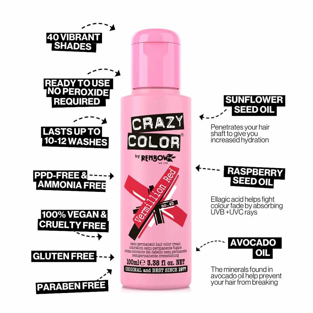 Crazy Color Semi Permanent Vegan Hair Colour Cream - Vermillion Red - 100ml