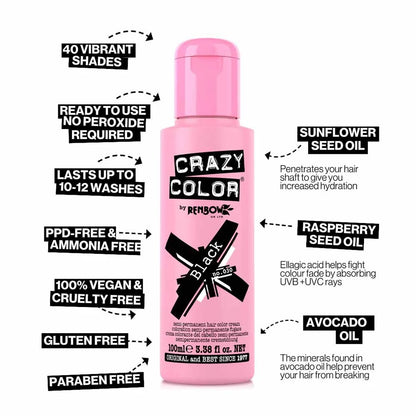 Crazy Color Semi Permanent Vegan Hair Colour Cream - Black - 100ml