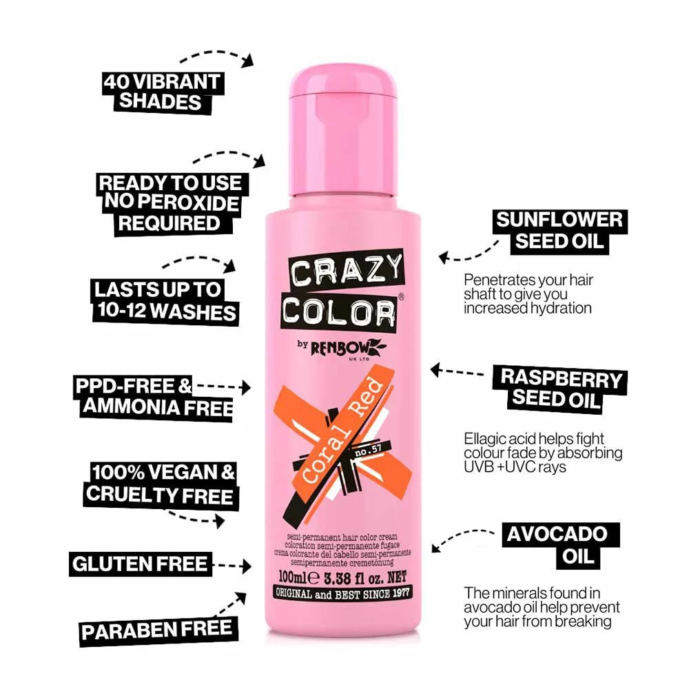 Crazy Color Semi Permanent Vegan Hair Colour Cream - Coral Red - 100ml