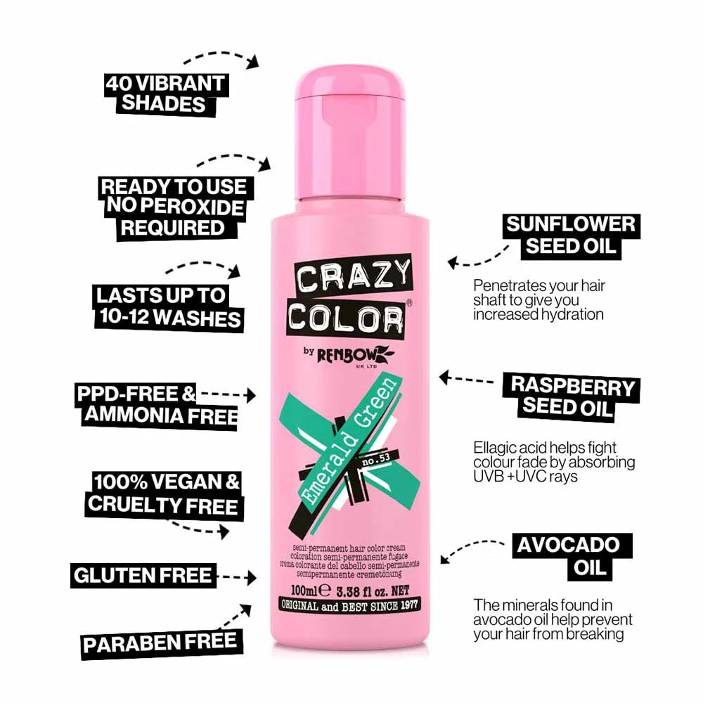 Crazy Color Semi Permanent Vegan Hair Colour Cream - Emerald Green - 100ml