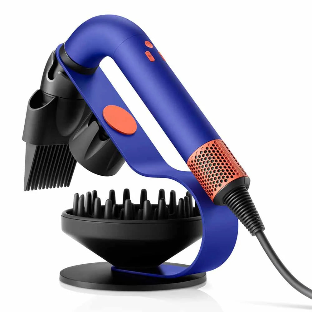 Dyson Supersonic r™ Hairdryer Display Stand With Hairdryer And Nozzle On As Example