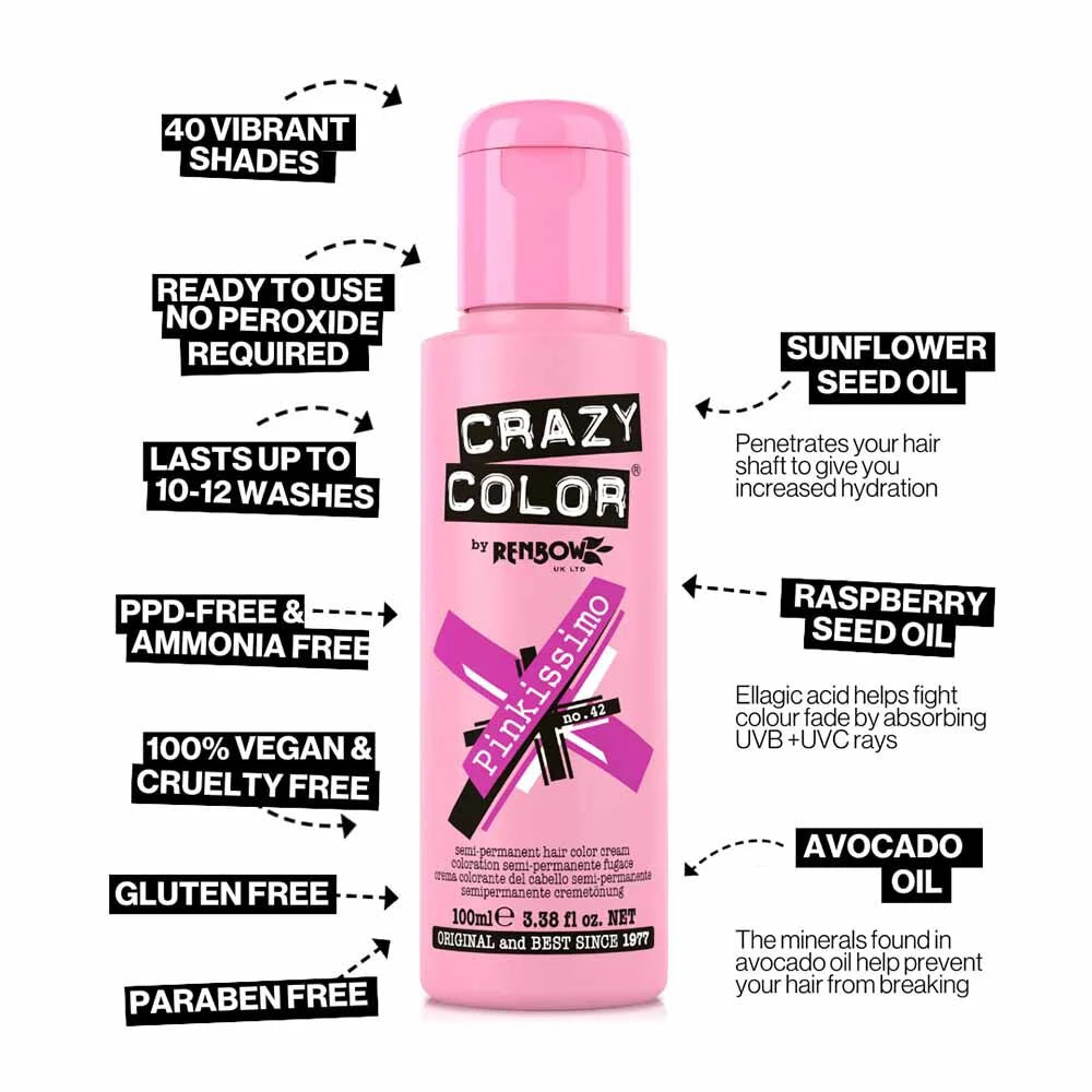 Crazy Color Semi Permanent Vegan Hair Colour Cream - Pinkissimo 42 - 100ml