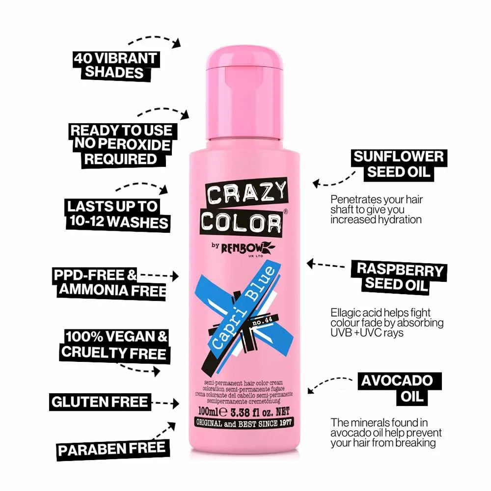 Crazy Color Semi Permanent Vegan Hair Colour Cream - Capri Blue - 100ml