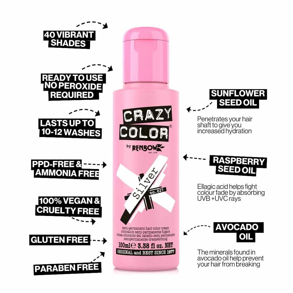 Crazy Color Semi Permanent Vegan Hair Colour Cream - Silver - 100ml