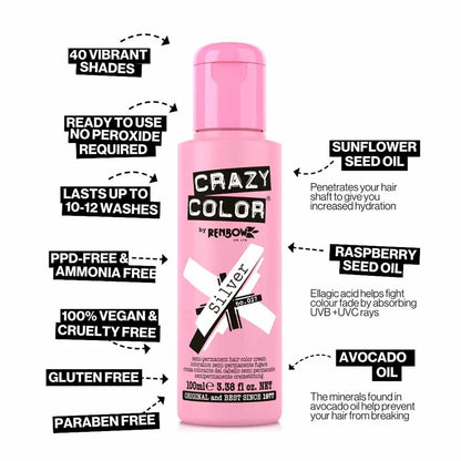 Crazy Color Semi Permanent Vegan Hair Colour Cream - Silver - 100ml