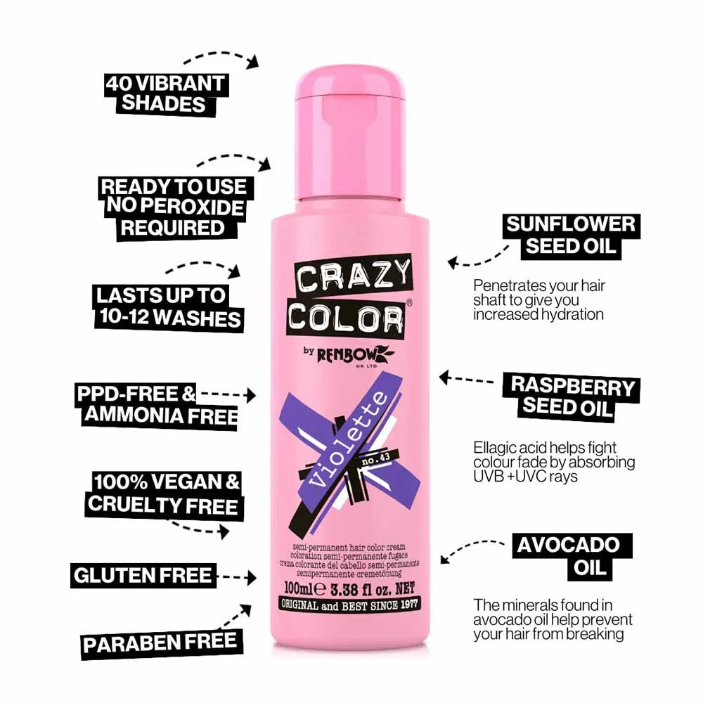 Crazy Color Semi Permanent Vegan Hair Colour Cream - Violette 43 - 100ml
