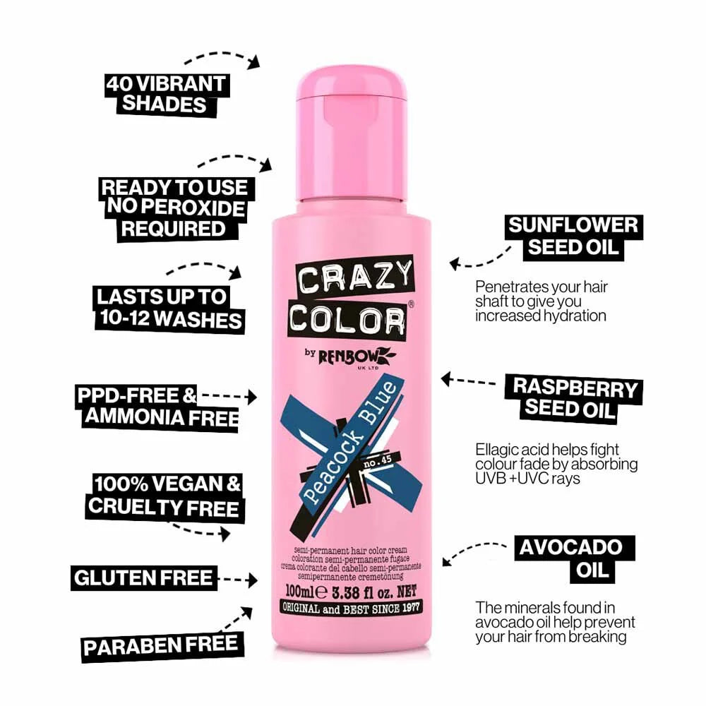 Crazy Color Semi Permanent Vegan Hair Colour Cream - Peacock Blue - 100ml