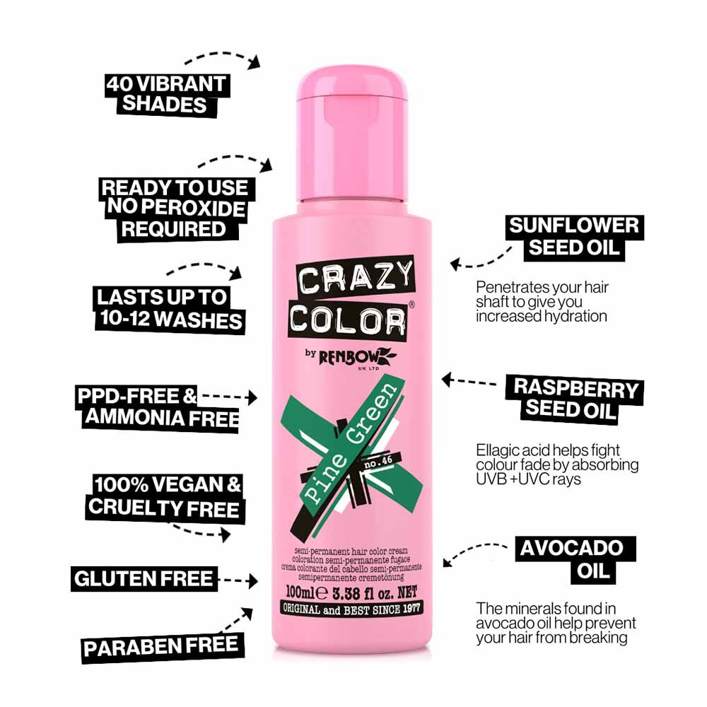 Crazy Color Semi Permanent Vegan Hair Colour Cream - Pine Green - 100ml