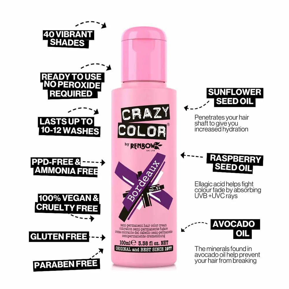 Crazy Color Semi Permanent Vegan Hair Colour Cream - Bordeaux - 100ml