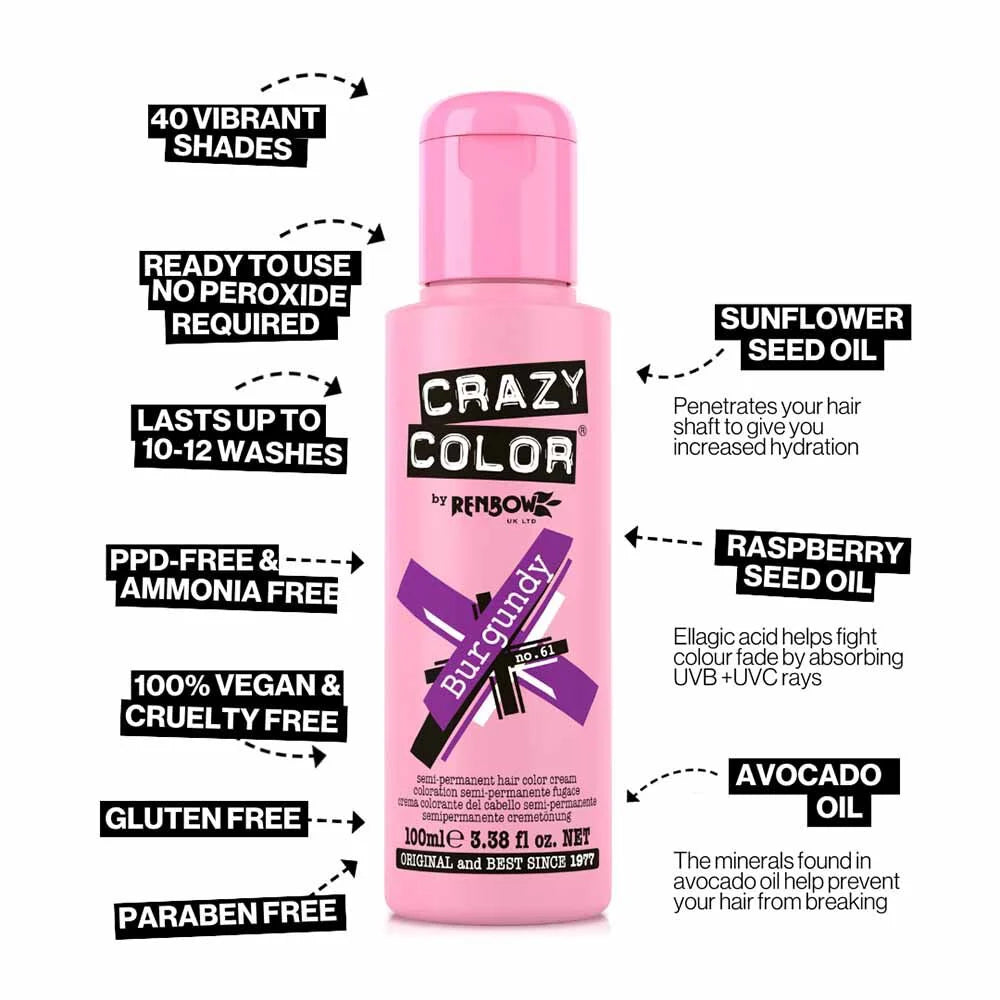 Crazy Color Semi Permanent Vegan Hair Colour Cream - Burgundy - 100ml