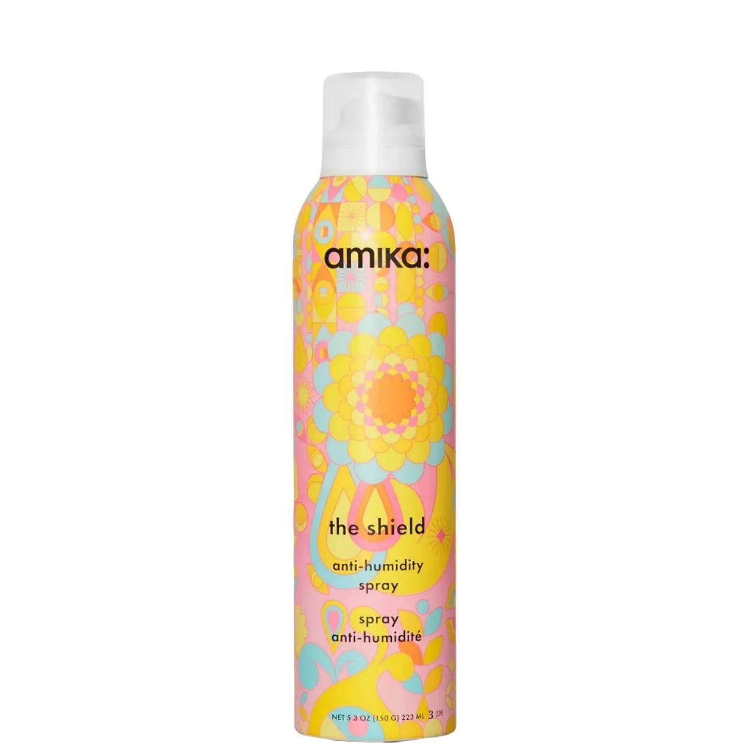 Amika anti-humidity spray bottle with colorful label on a white background