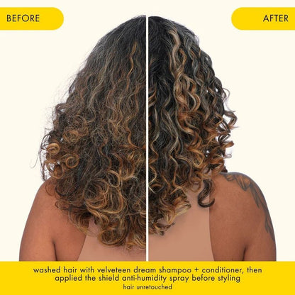 Before and after comparison of a woman's hair after using Amika The Shield Anti-Humidity Spray