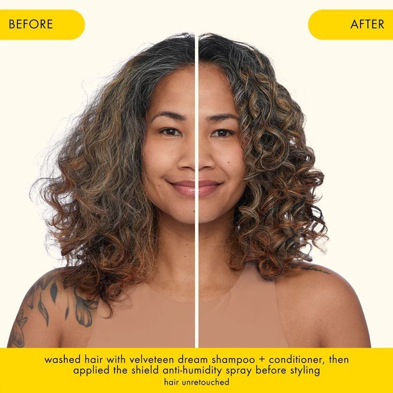 Before and after comparison of a woman's hair after using Amika The Shield Anti-Humidity Spray