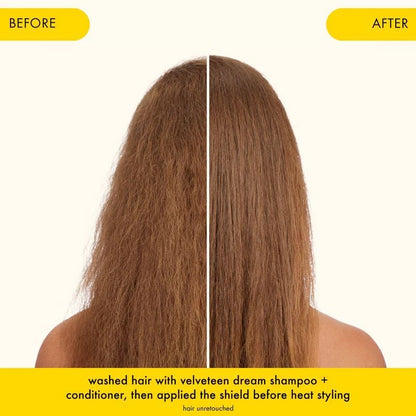 Before and after comparison of a woman's hair after using Amika The Shield Anti-Humidity Spray on straight hair. 