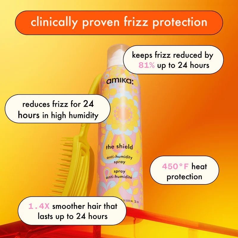 Amika hair care product with text highlighting frizz protection features on a gradient orange background