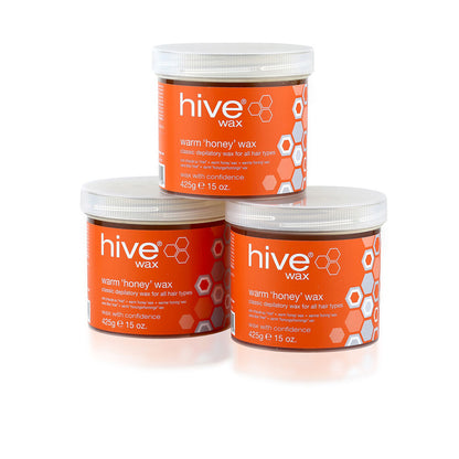 Hive of Beauty Options Warm Honey Wax Pots, 3 x 425g Stacked In Pyramid