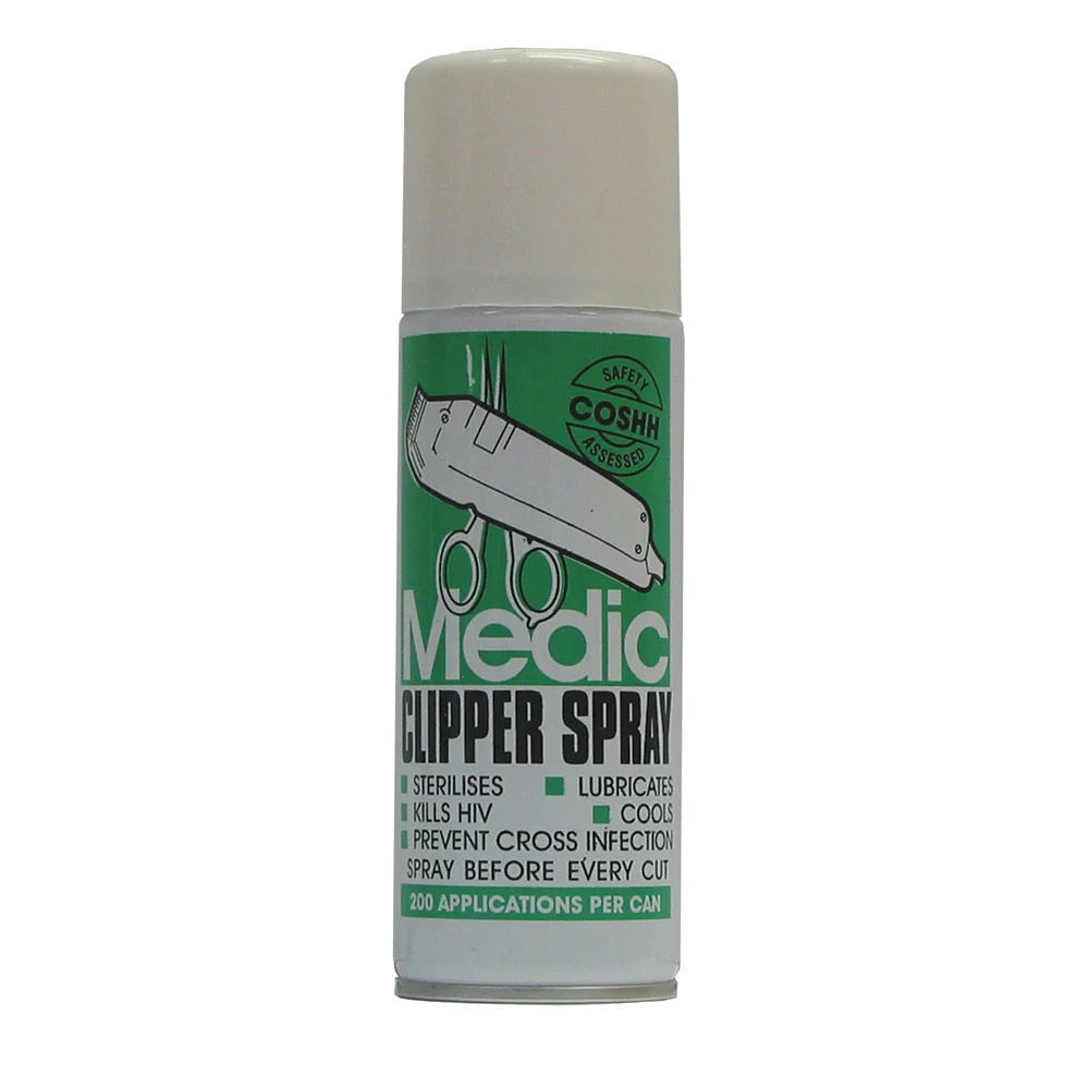 Medic Clipper Spray 180ml for Sanitizing Barber & Hairdressing Tools on White Background.
