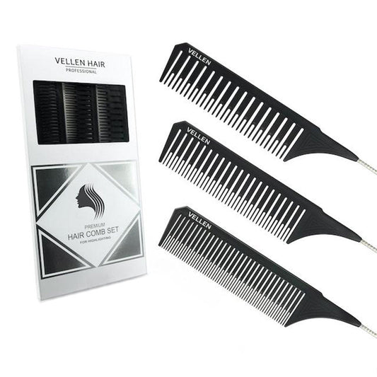 Vellen Hair Tail Comb Set Black 3 x Sizes