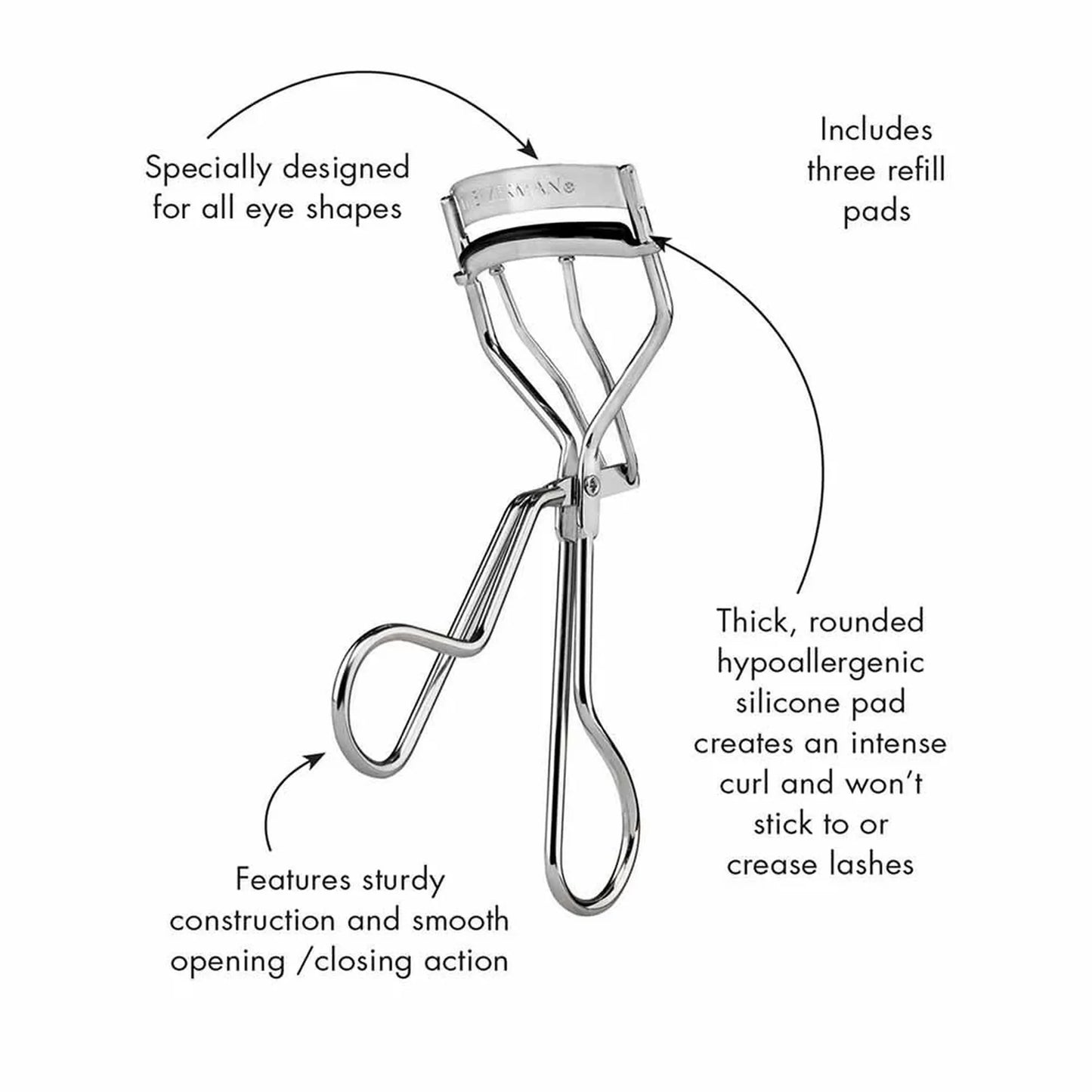 Eyelash curler with features highlighted on a white background