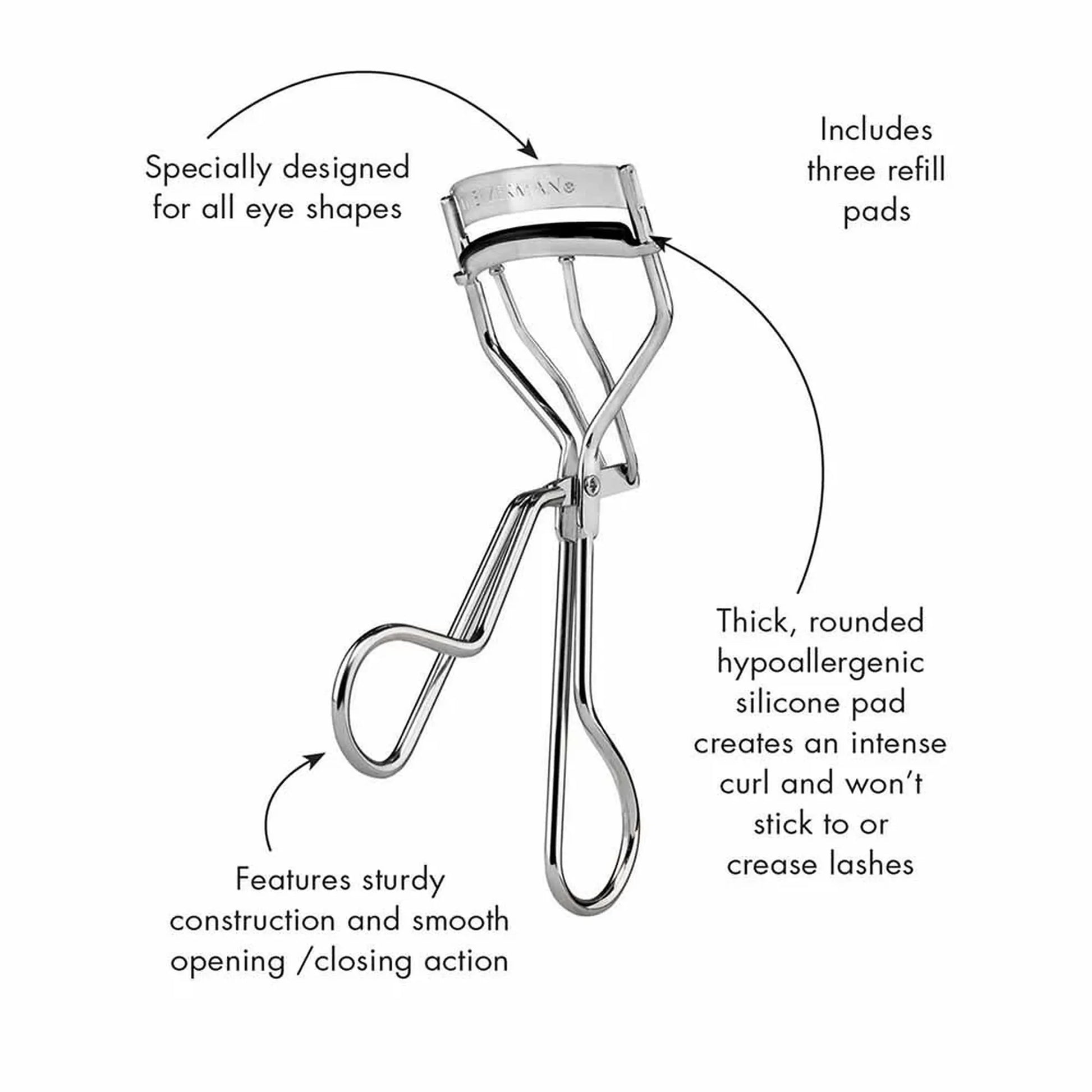 Eyelash curler with features highlighted on a white background