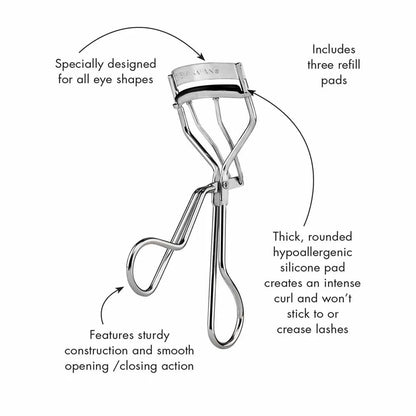 Eyelash curler with features highlighted on a white background